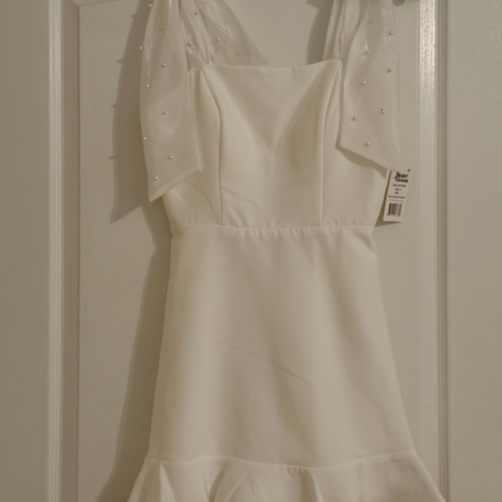 Pearl-Accent White Mini Dress with Square Neckline